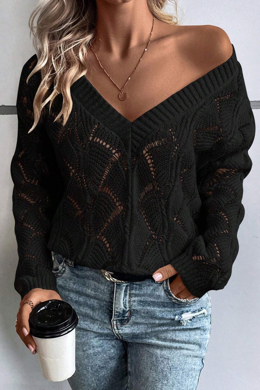 Black Hollow Out Knit V Neck Drop Shoulder Sweater - Bitsy Gypsy Boutique