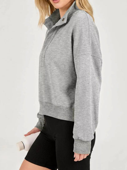 Black Long Sleeve Half Snap Dropped Shoulder Sweatshirt - Bitsy Gypsy Boutique