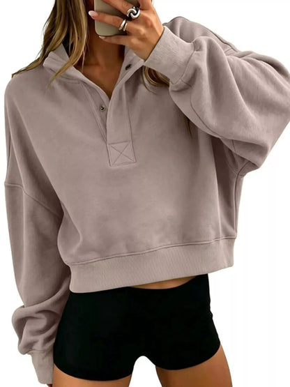 Black Long Sleeve Half Snap Dropped Shoulder Sweatshirt - Bitsy Gypsy Boutique