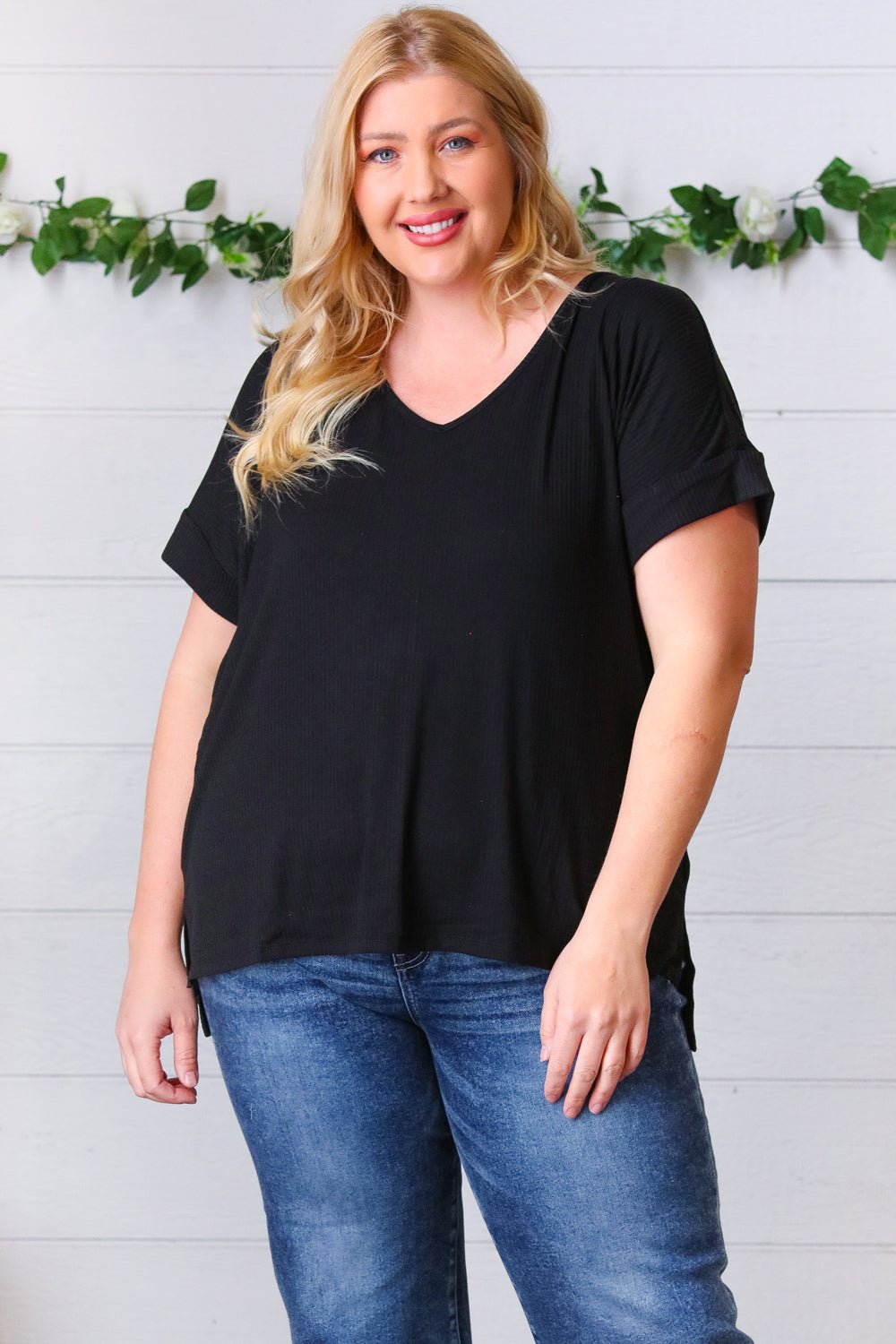 Black Ribbed V Neck Hi - Low Slit Top - Bitsy Gypsy Boutique