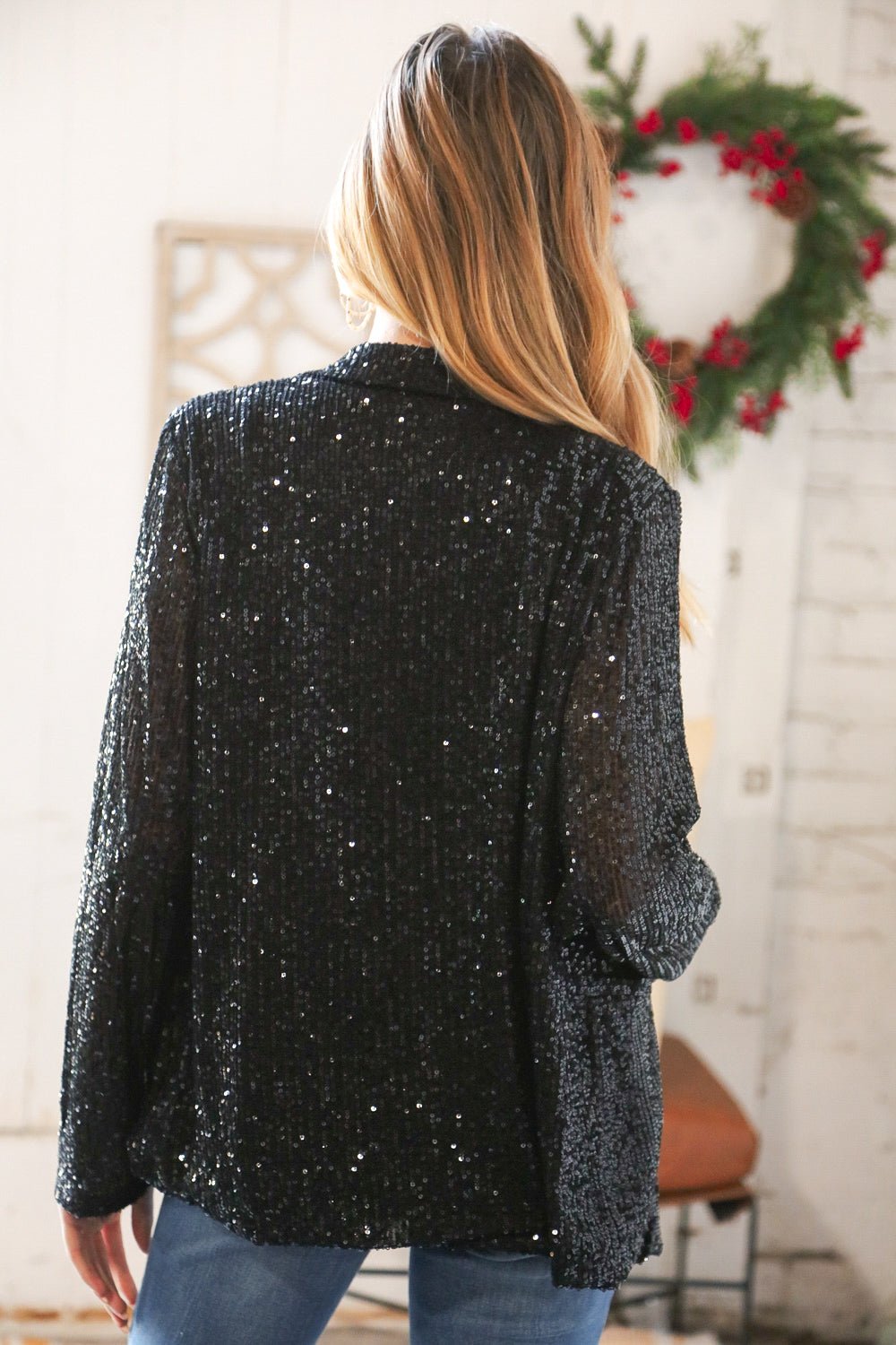 Black Sequin Lapel Collar Pocketed Holiday Jacket - Bitsy Gypsy Boutique