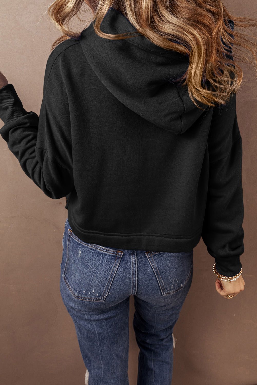 Black Solid Drop Shoulder Drawstring Cropped Hoodie - Bitsy Gypsy Boutique