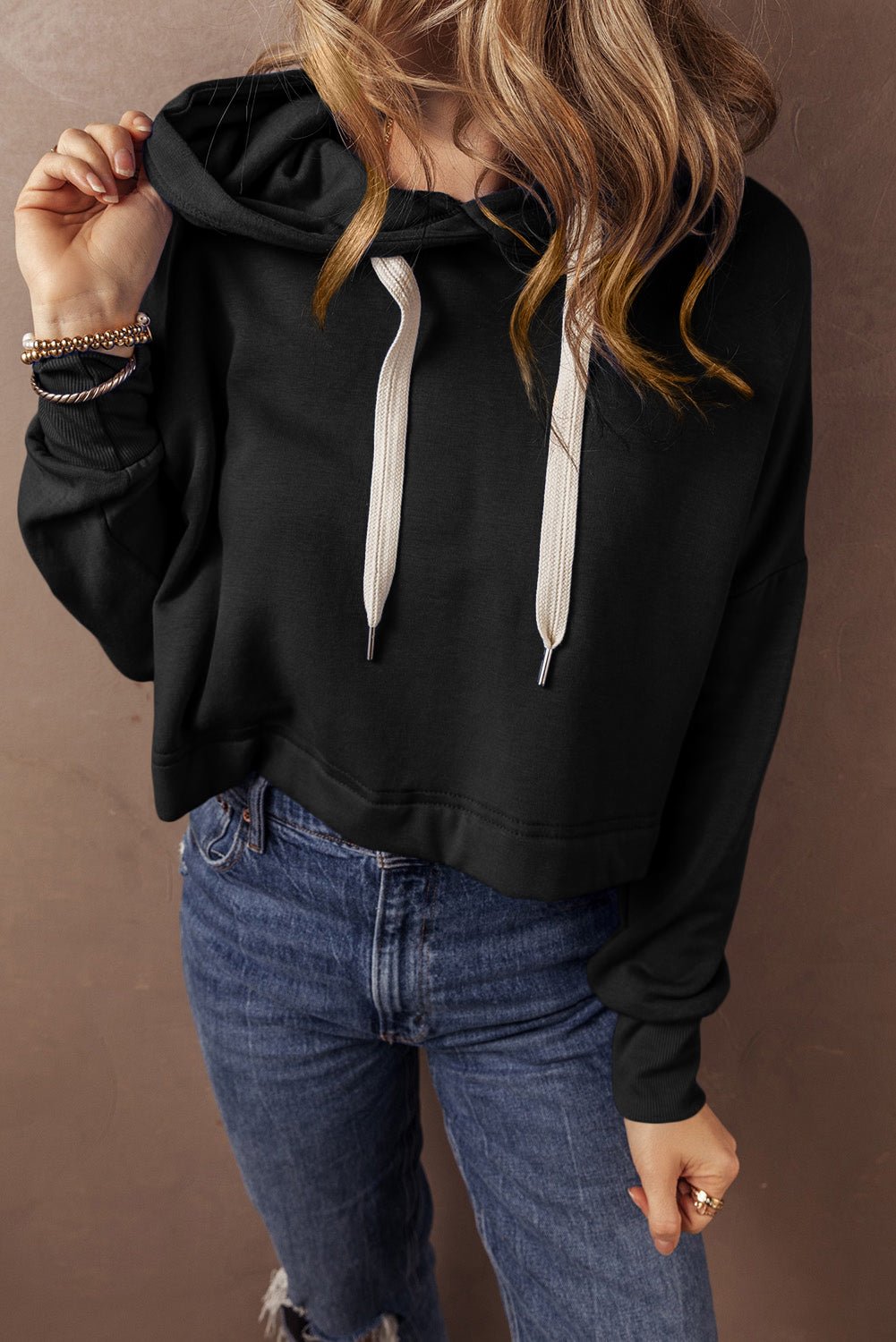 Black Solid Drop Shoulder Drawstring Cropped Hoodie - Bitsy Gypsy Boutique