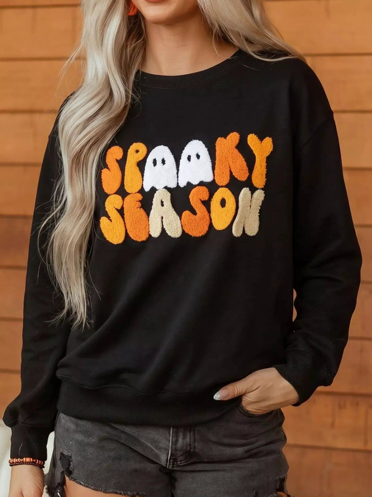 Black Spooky Season Long Sleeve Round Neck Sweatshirt - Bitsy Gypsy Boutique