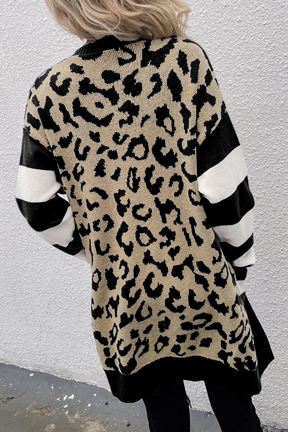 Black Stripe Sleeve Leopard Print Open Front Cardigan With Pockets - Bitsy Gypsy Boutique