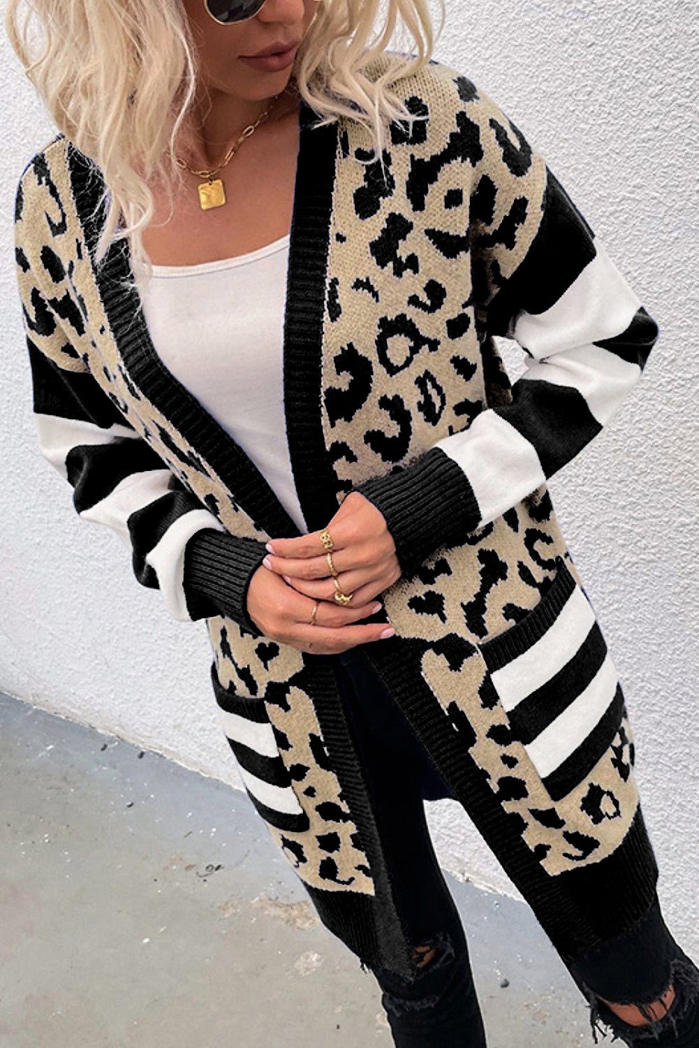 Black Stripe Sleeve Leopard Print Open Front Cardigan With Pockets - Bitsy Gypsy Boutique