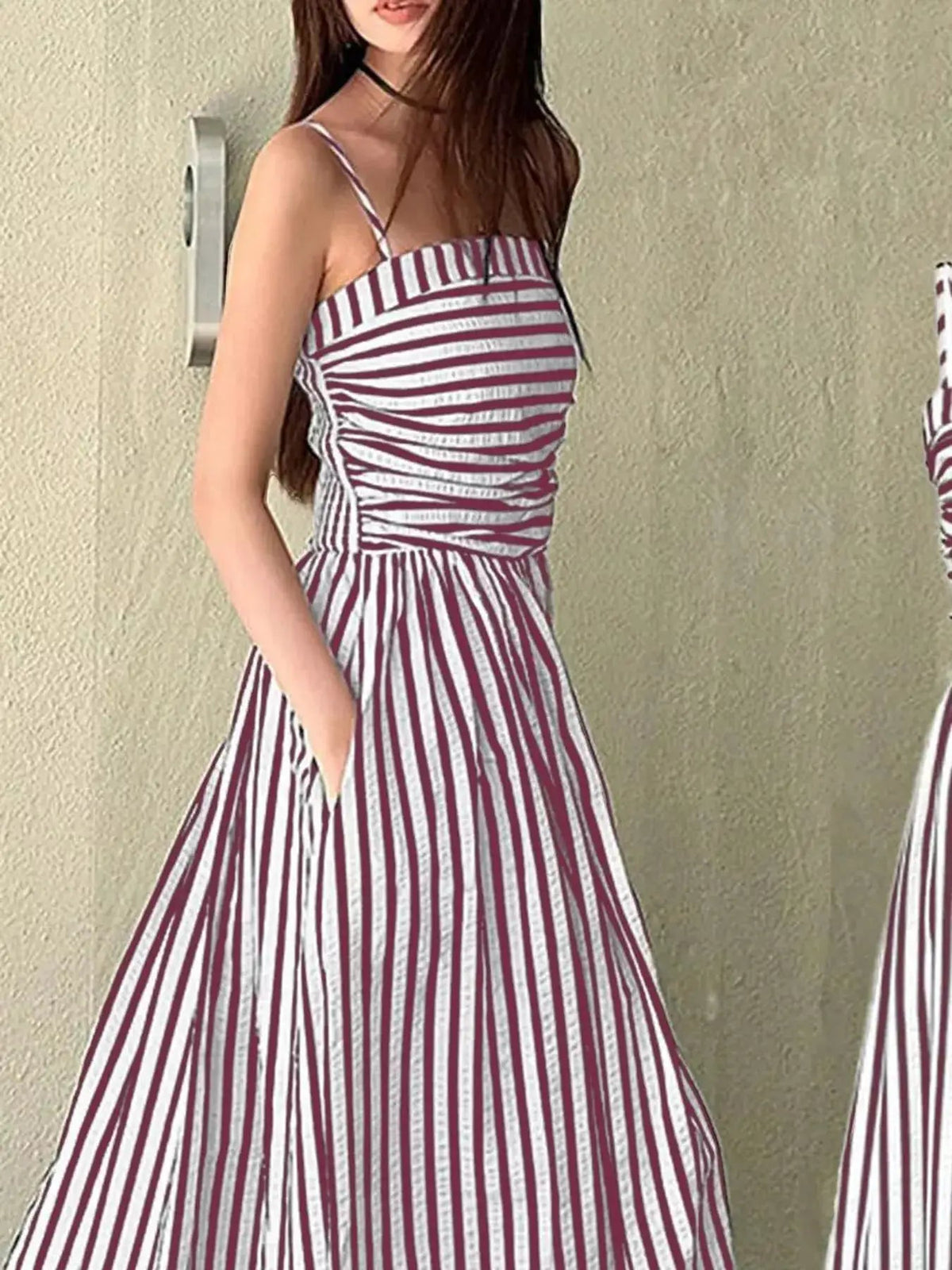 Black Striped Ruched Spaghetti Strap Maxi Dress - Bitsy Gypsy Boutique