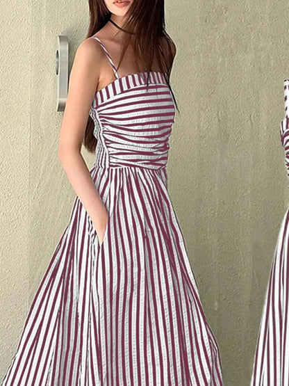 Black Striped Ruched Spaghetti Strap Maxi Dress - Bitsy Gypsy Boutique