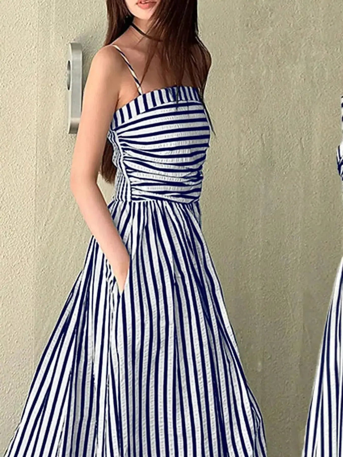 Black Striped Ruched Spaghetti Strap Maxi Dress - Bitsy Gypsy Boutique