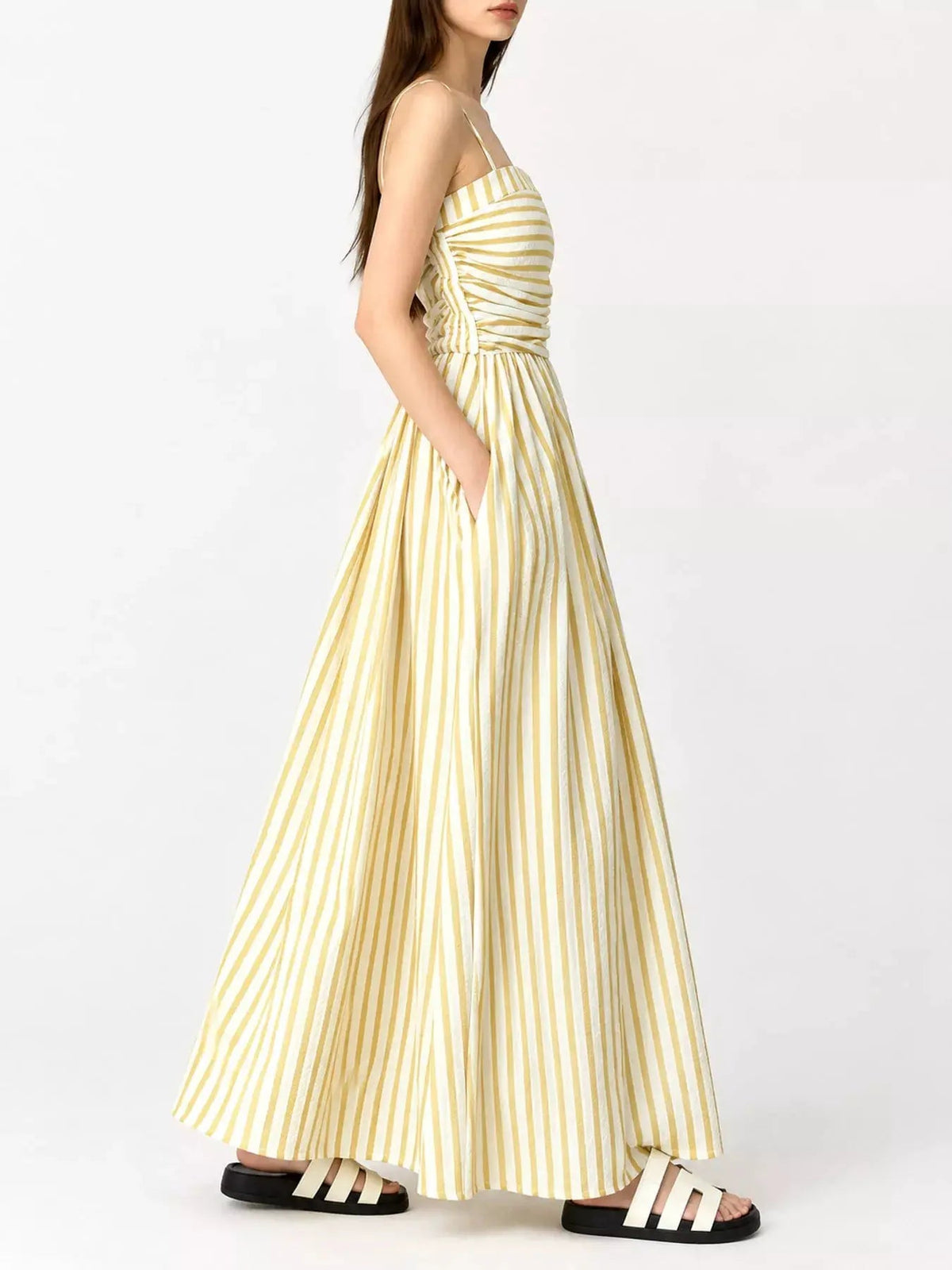 Black Striped Ruched Spaghetti Strap Maxi Dress - Bitsy Gypsy Boutique