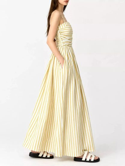Black Striped Ruched Spaghetti Strap Maxi Dress - Bitsy Gypsy Boutique