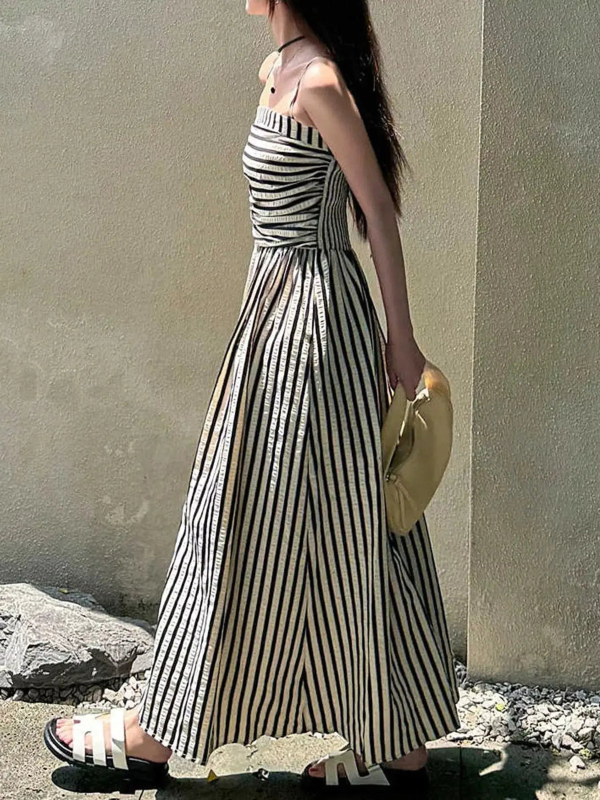 Black Striped Ruched Spaghetti Strap Maxi Dress - Bitsy Gypsy Boutique