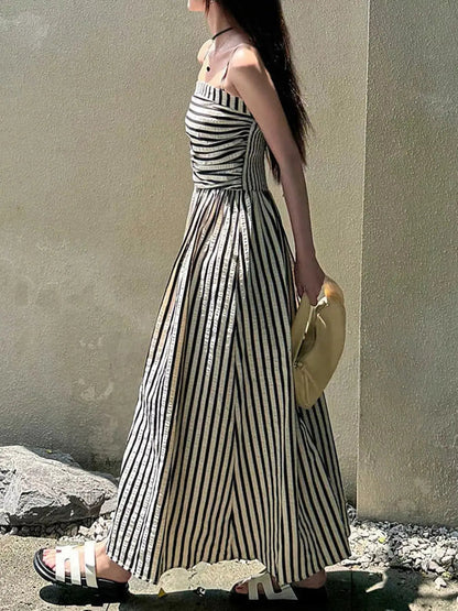 Black Striped Ruched Spaghetti Strap Maxi Dress - Bitsy Gypsy Boutique