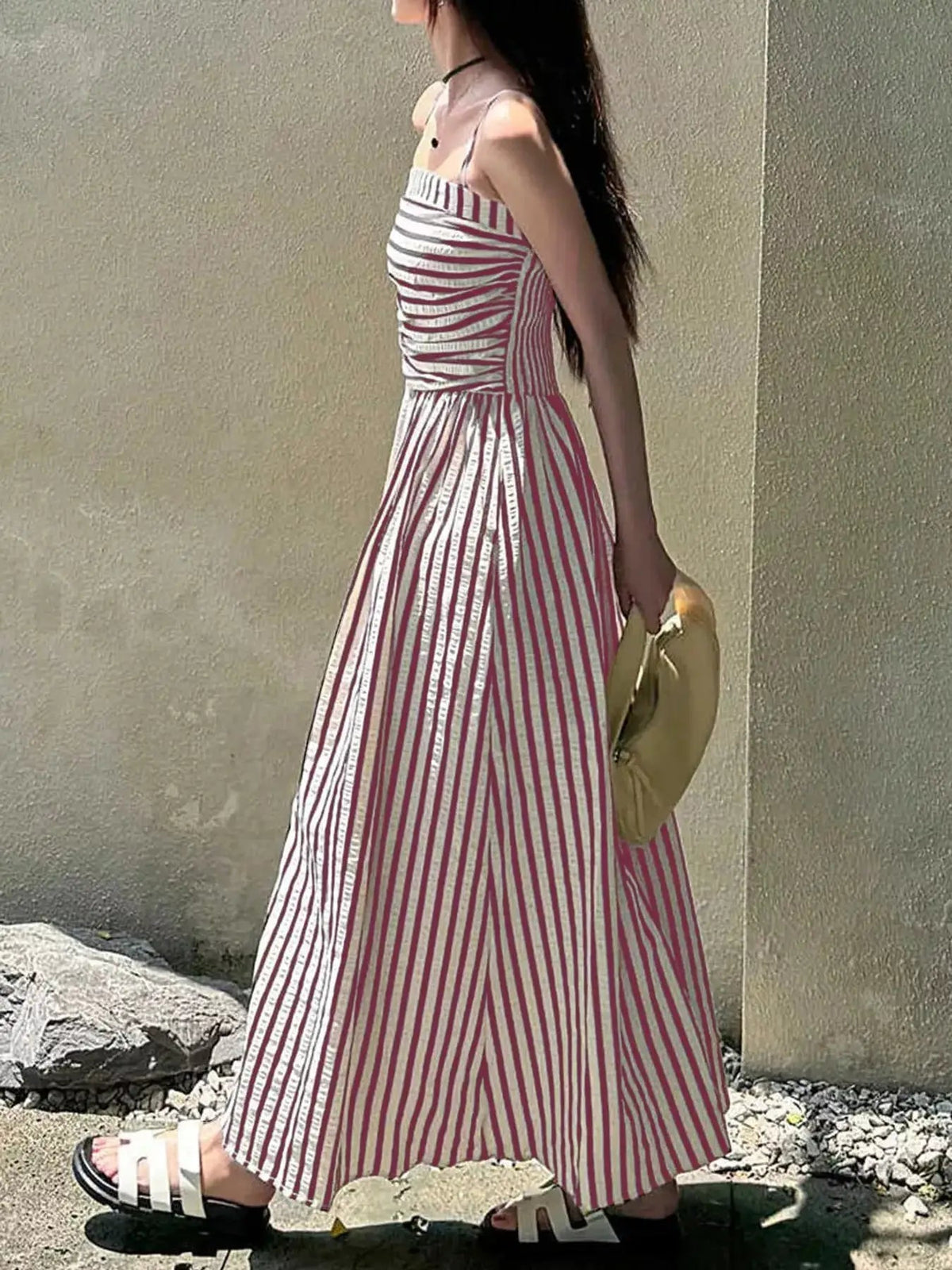 Black Striped Ruched Spaghetti Strap Maxi Dress - Bitsy Gypsy Boutique