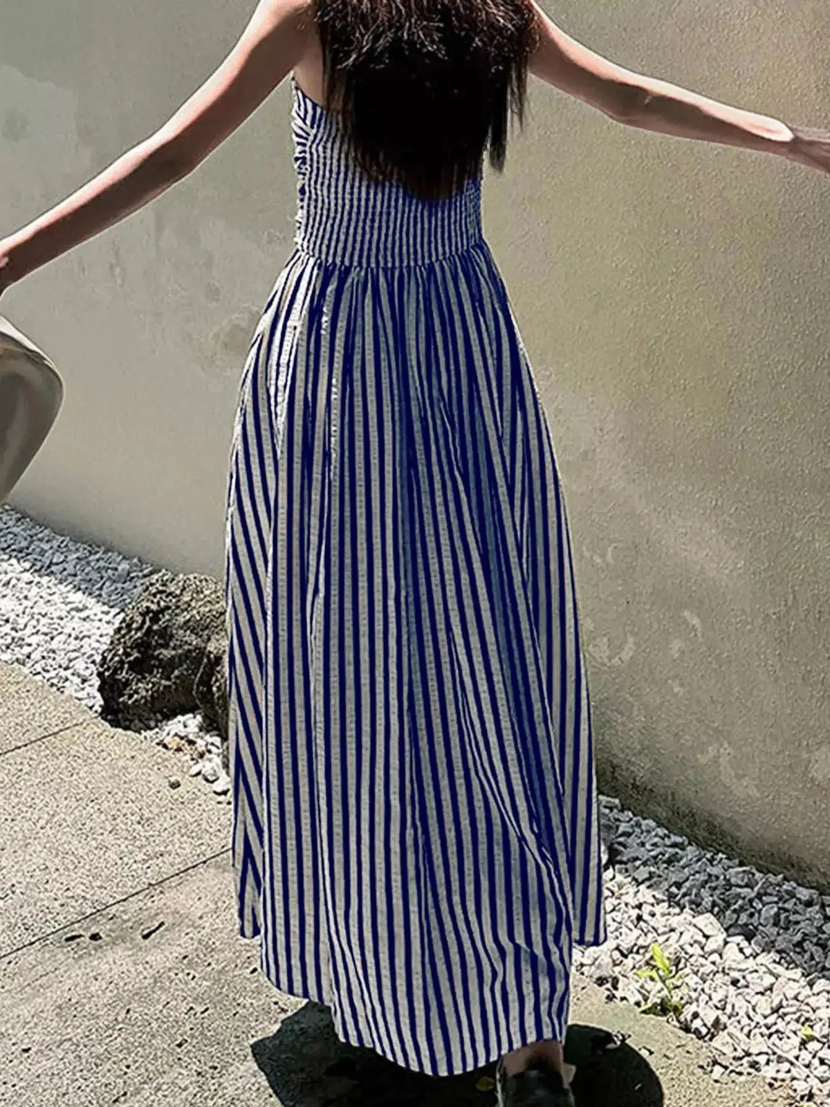 Black Striped Ruched Spaghetti Strap Maxi Dress - Bitsy Gypsy Boutique