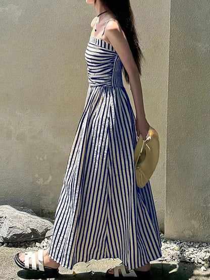 Black Striped Ruched Spaghetti Strap Maxi Dress - Bitsy Gypsy Boutique