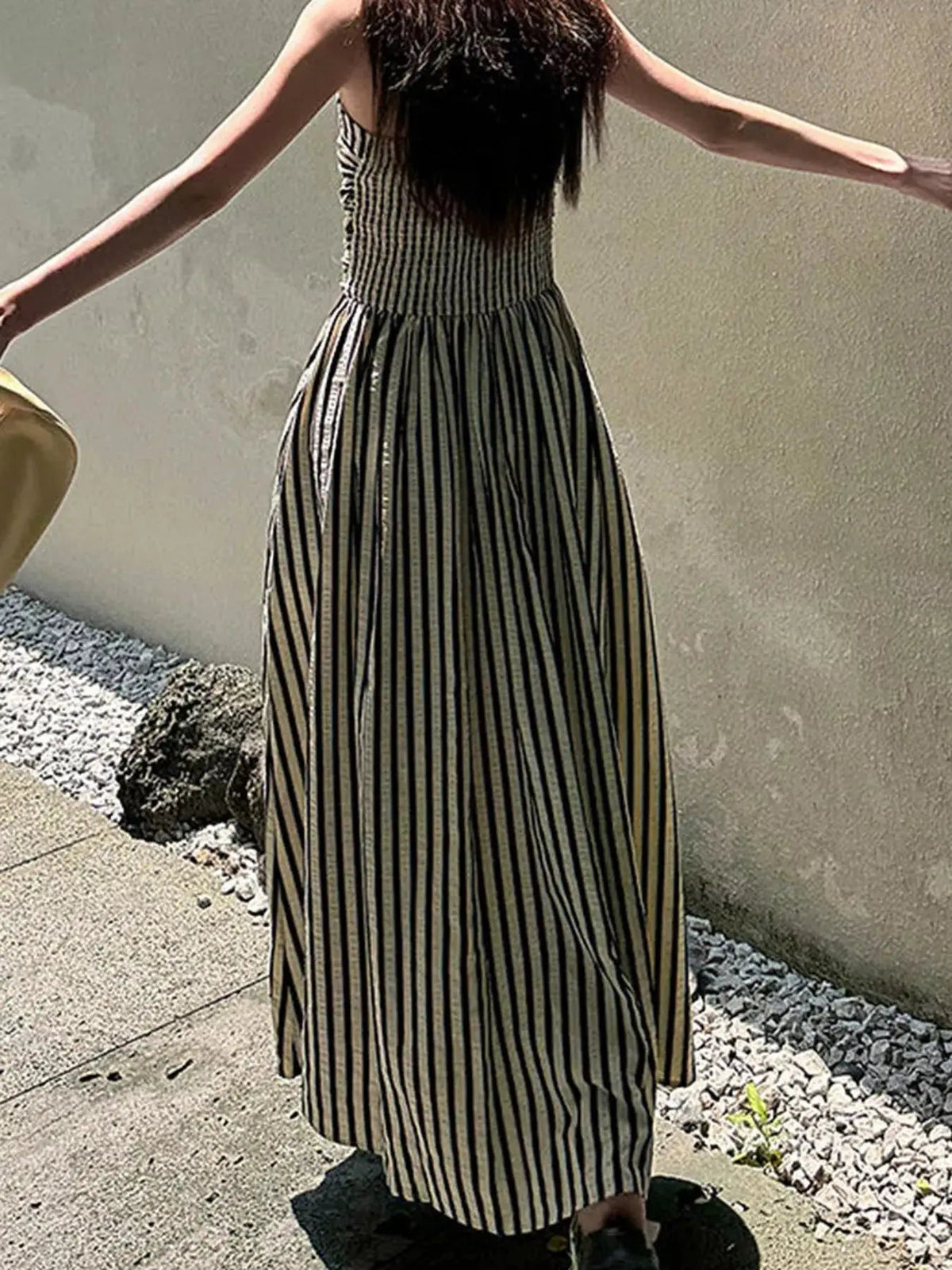 Black Striped Ruched Spaghetti Strap Maxi Dress - Bitsy Gypsy Boutique