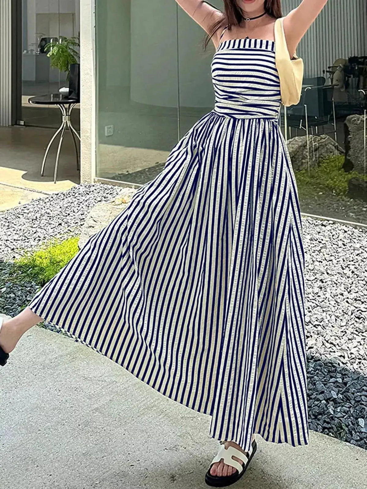 Black Striped Ruched Spaghetti Strap Maxi Dress - Bitsy Gypsy Boutique