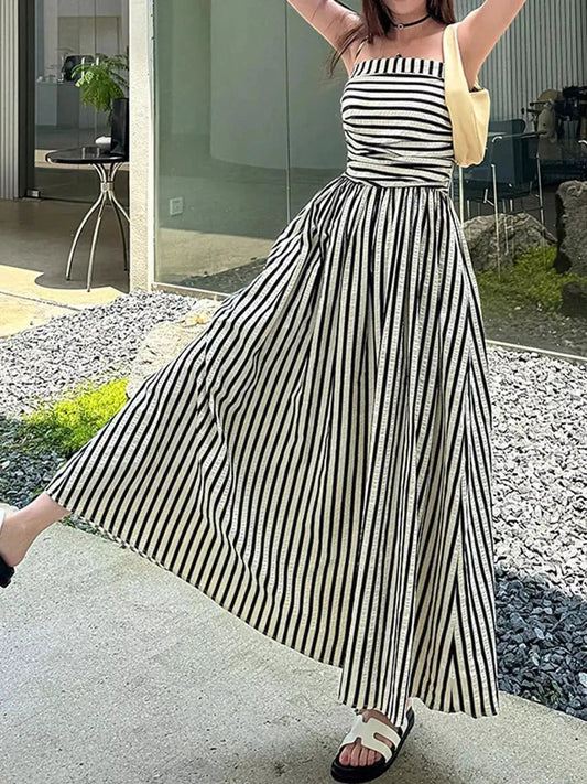 Black Striped Ruched Spaghetti Strap Maxi Dress - Bitsy Gypsy Boutique