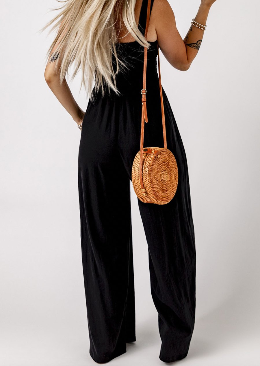 Black, Wide Leg, Square Neck Jumpsuit with pockets - Bitsy Gypsy Boutique