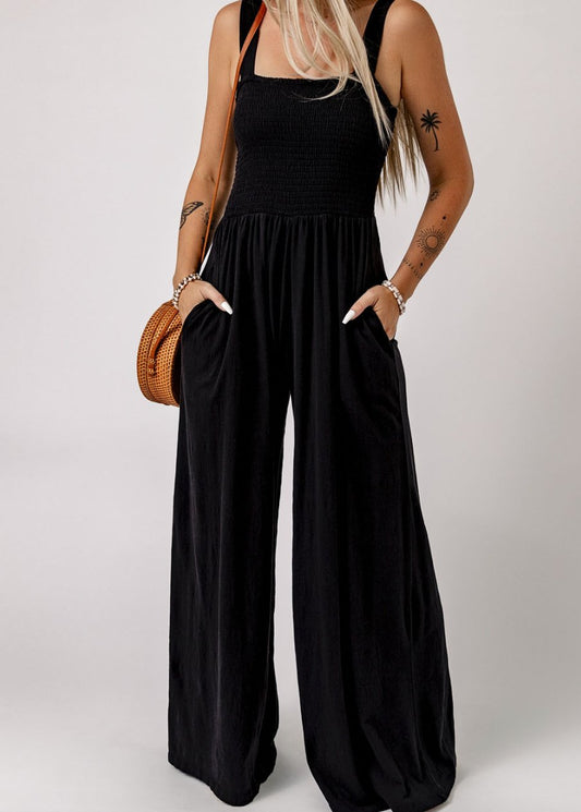 Black, Wide Leg, Square Neck Jumpsuit with pockets - Bitsy Gypsy Boutique