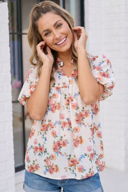 Blooming With Joy Ivory Floral Puff Sleeve Top - Bitsy Gypsy Boutique