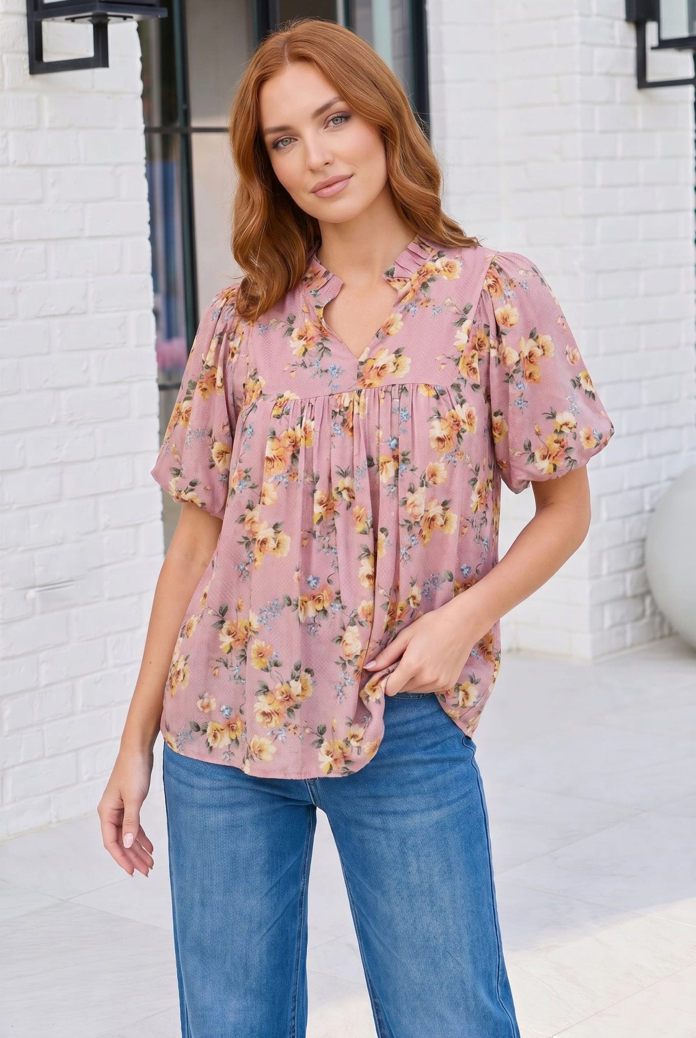 Blooming With Joy Rose Floral Puff Sleeve Top - Bitsy Gypsy Boutique