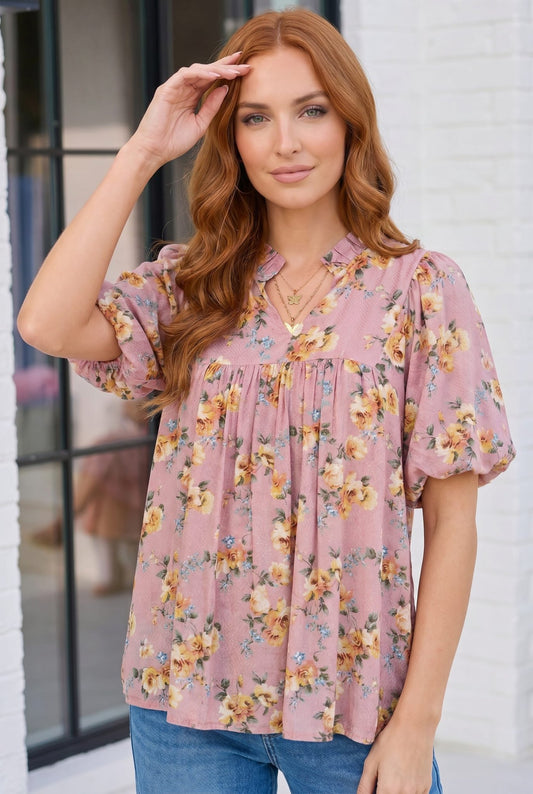 Blooming With Joy Rose Floral Puff Sleeve Top - Bitsy Gypsy Boutique