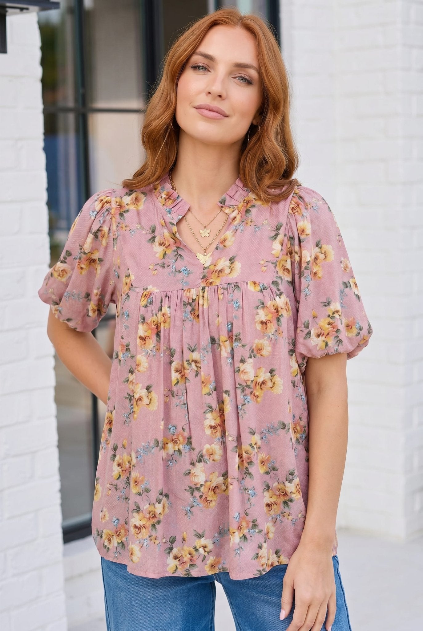 Blooming With Joy Rose Floral Puff Sleeve Top - Bitsy Gypsy Boutique