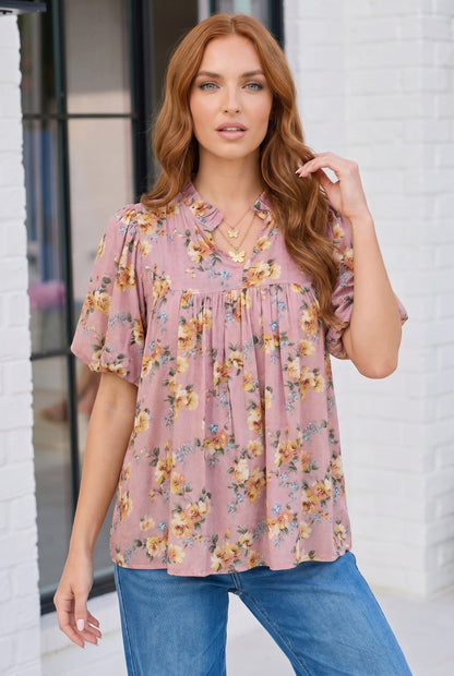 Blooming With Joy Rose Floral Puff Sleeve Top - Bitsy Gypsy Boutique