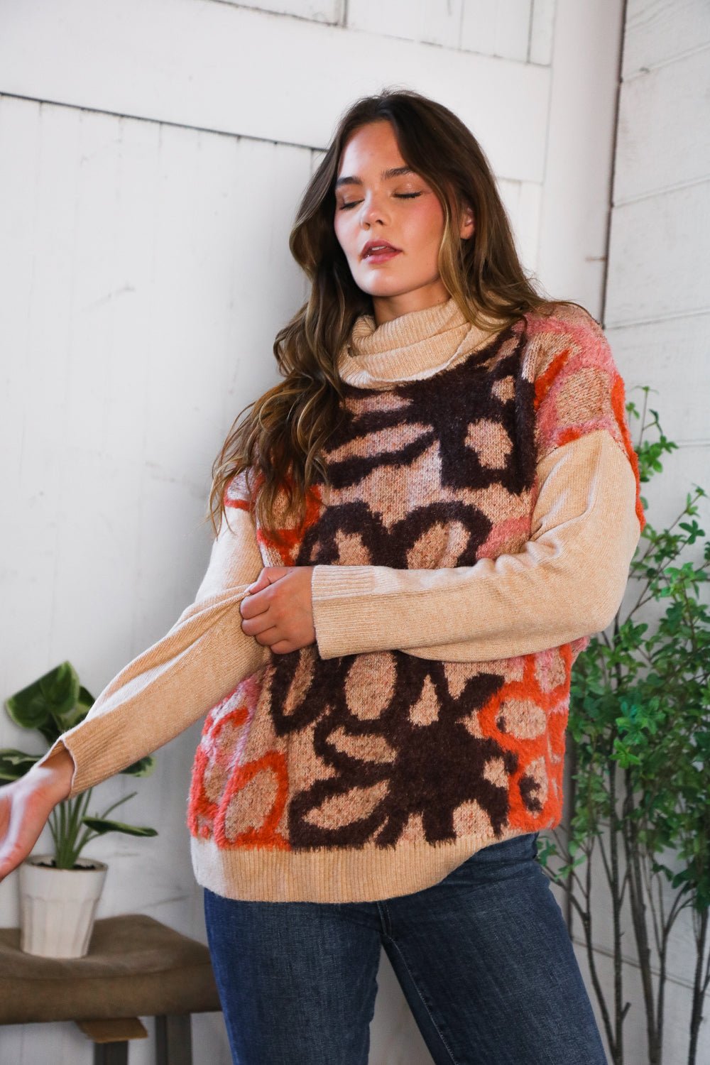 Blooms in Autumn Turtleneck Cozy Sweater - Bitsy Gypsy Boutique