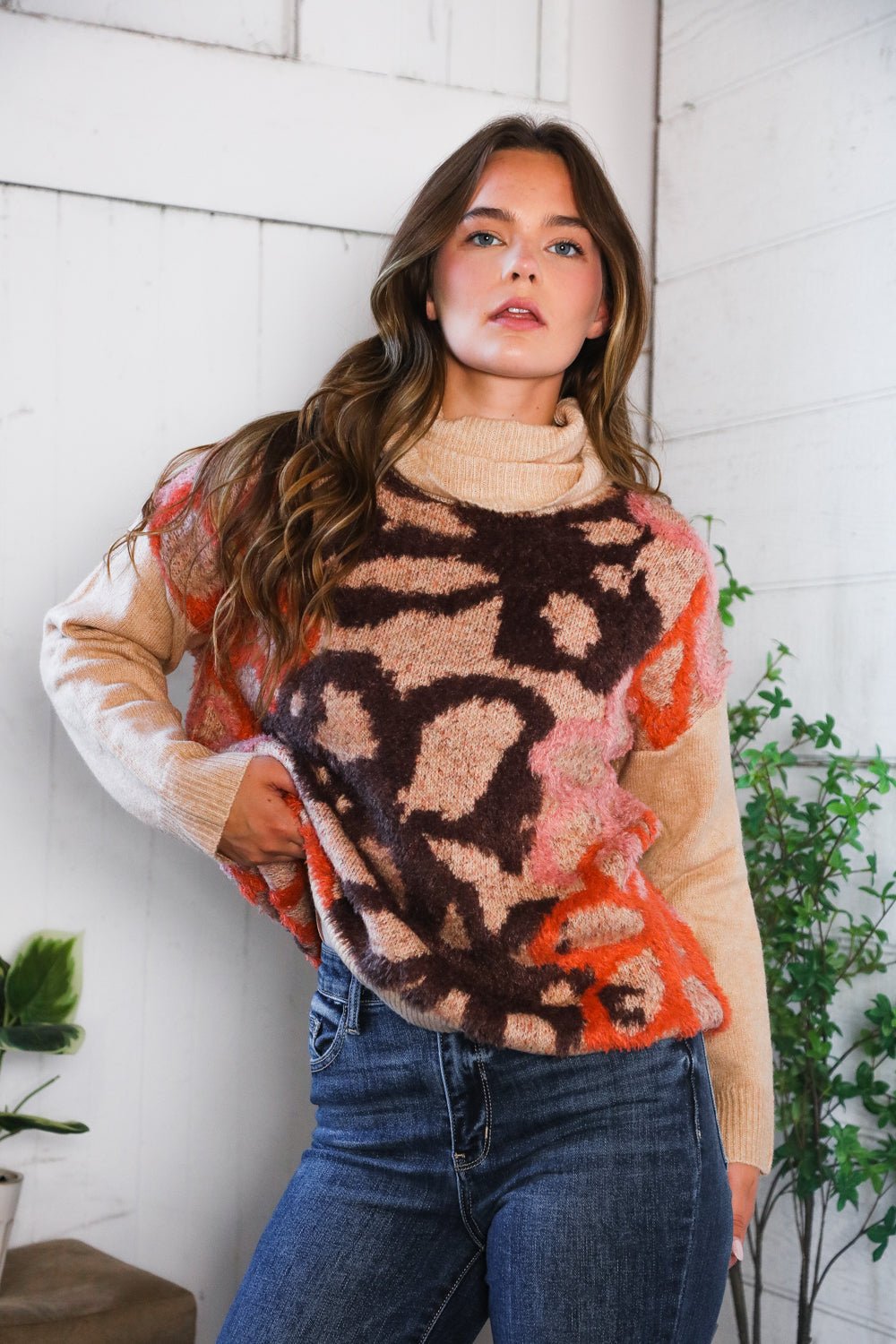 Blooms in Autumn Turtleneck Cozy Sweater - Bitsy Gypsy Boutique