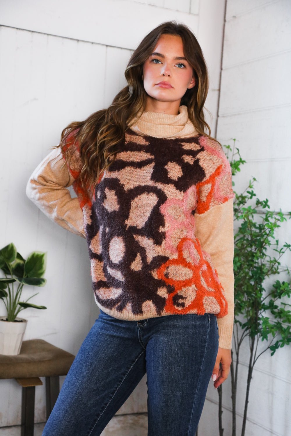 Blooms in Autumn Turtleneck Cozy Sweater - Bitsy Gypsy Boutique