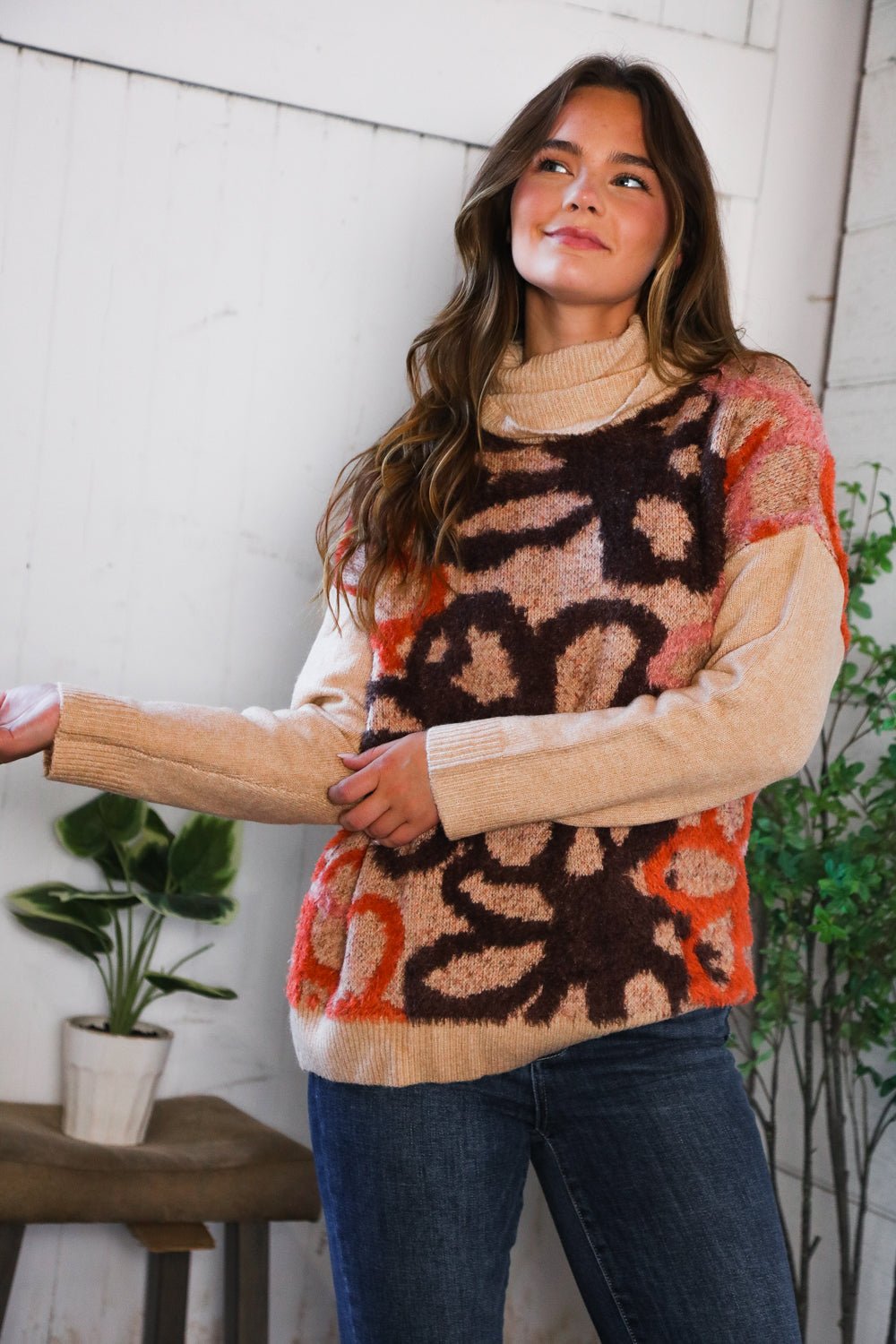 Blooms in Autumn Turtleneck Cozy Sweater - Bitsy Gypsy Boutique
