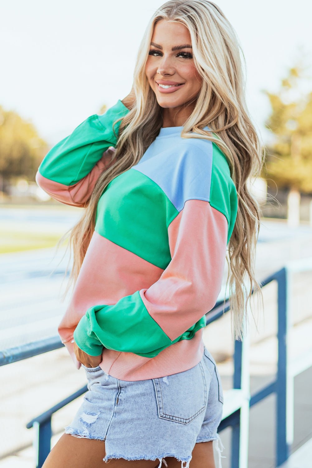 Blossom Colorblock Patchwork Drop Shoulder Sweatshirt - Bitsy Gypsy Boutique