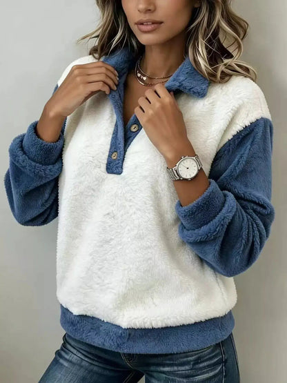 Blue And White Color-Block Buttoned Collared Sweatshirt - Bitsy Gypsy Boutique