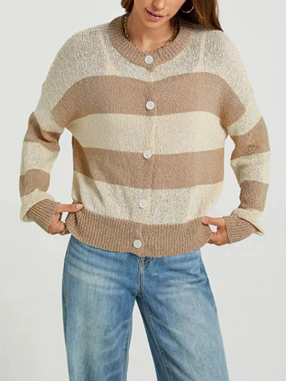 Blue And White Striped Buttoned Ribbed Knit Cardigan - Bitsy Gypsy Boutique