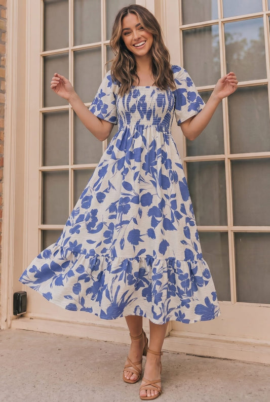 Blue Blooms & Sunshine Midi Dress - Bitsy Gypsy Boutique