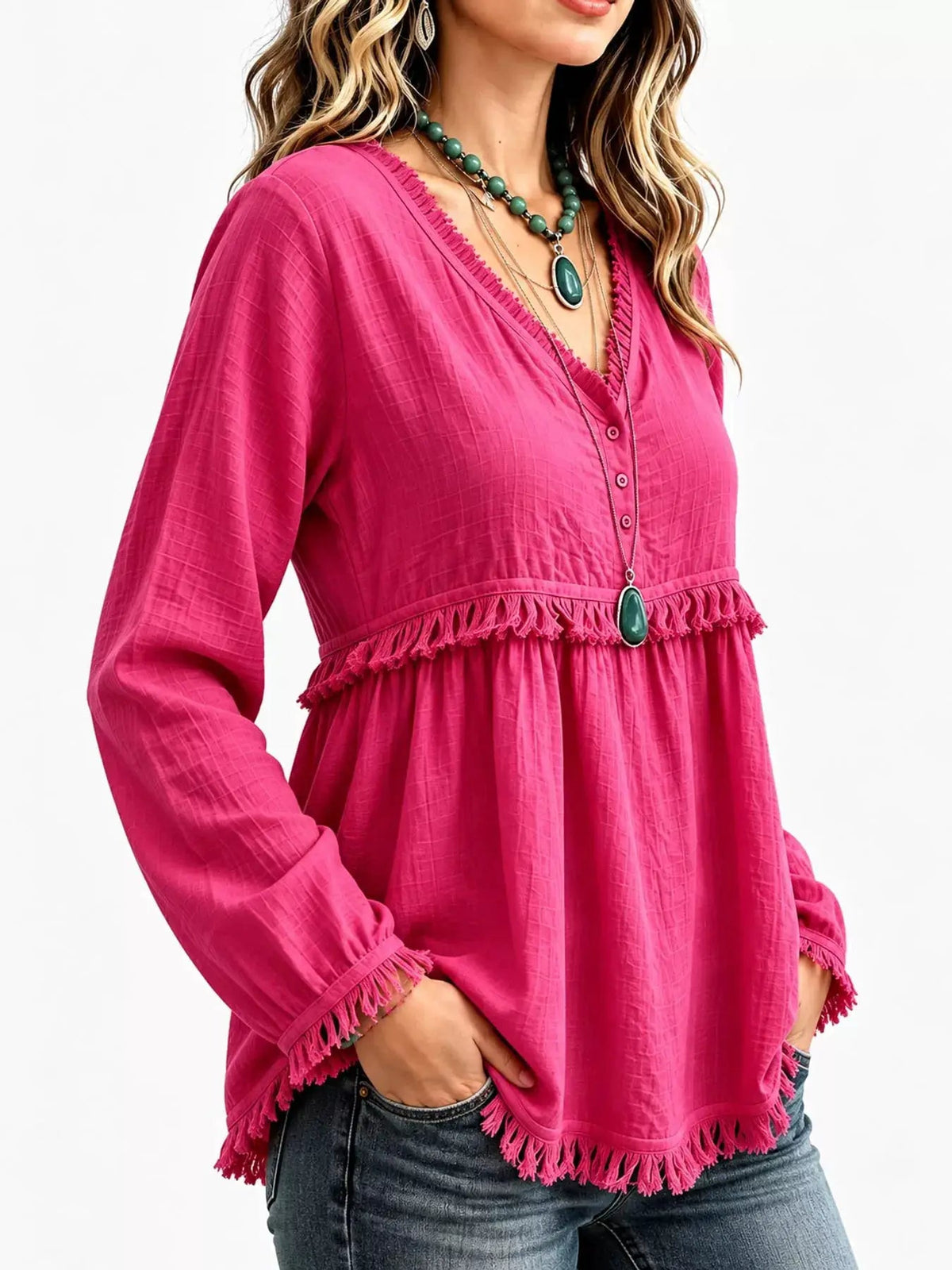 Blue Fringe Trim V-Neck Long Sleeve Babydoll Blouse - Bitsy Gypsy Boutique