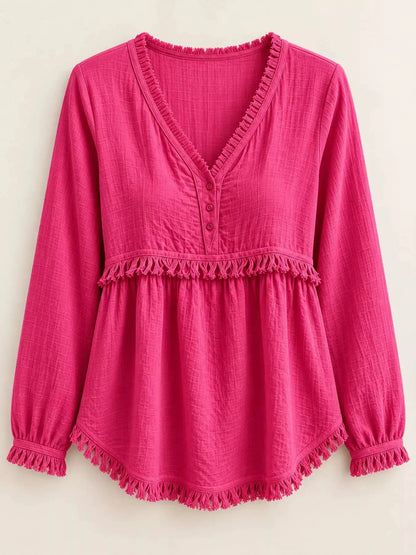 Blue Fringe Trim V-Neck Long Sleeve Babydoll Blouse - Bitsy Gypsy Boutique