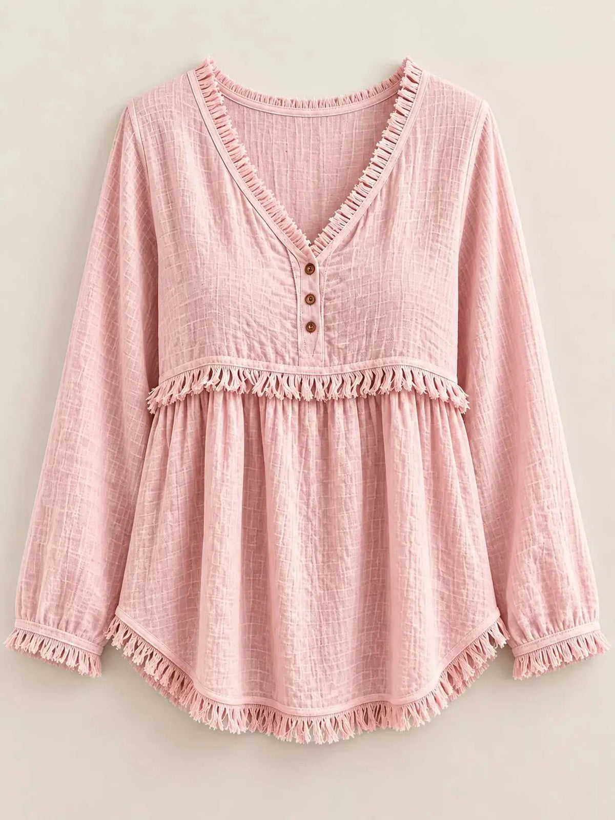 Blue Fringe Trim V-Neck Long Sleeve Babydoll Blouse - Bitsy Gypsy Boutique