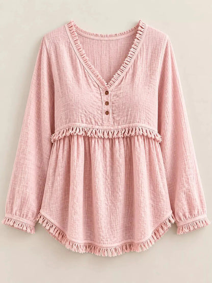 Blue Fringe Trim V-Neck Long Sleeve Babydoll Blouse - Bitsy Gypsy Boutique