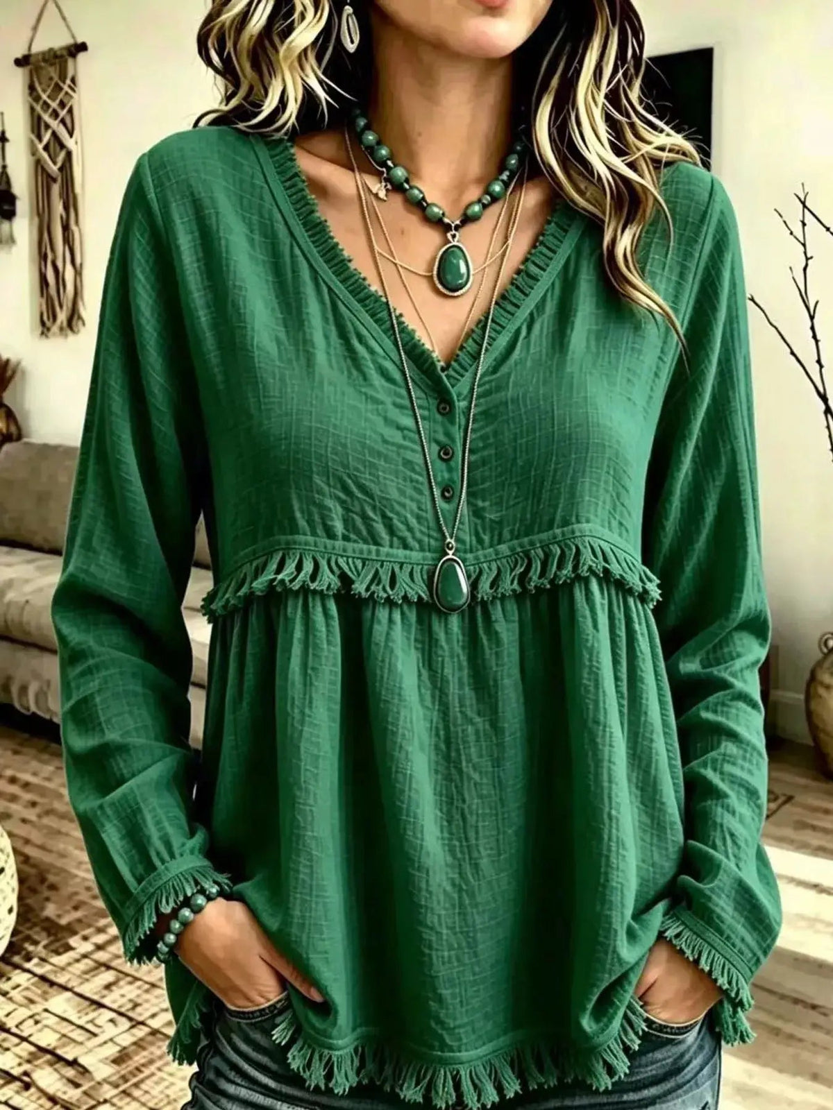 Blue Fringe Trim V-Neck Long Sleeve Babydoll Blouse - Bitsy Gypsy Boutique
