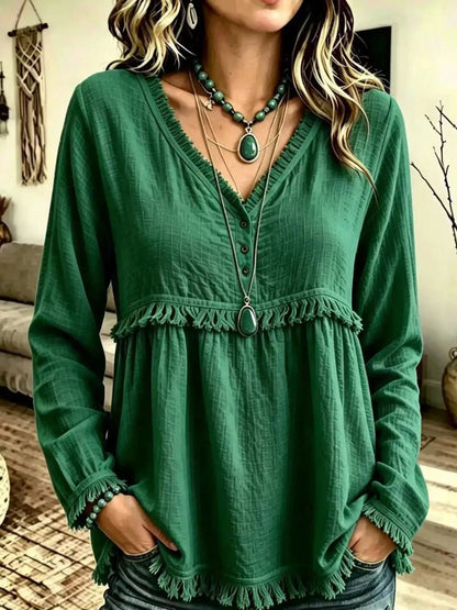 Blue Fringe Trim V-Neck Long Sleeve Babydoll Blouse - Bitsy Gypsy Boutique