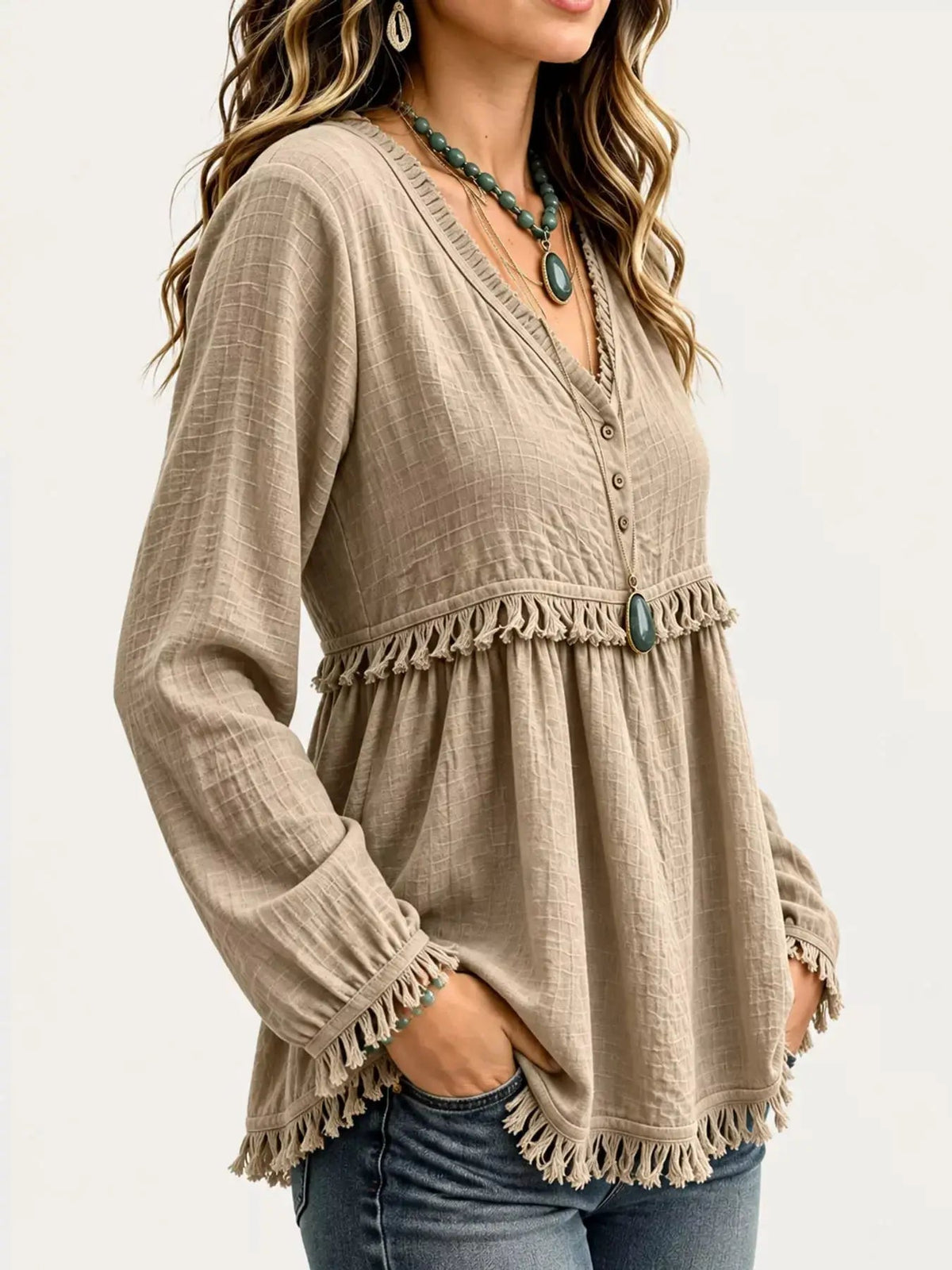 Blue Fringe Trim V-Neck Long Sleeve Babydoll Blouse - Bitsy Gypsy Boutique