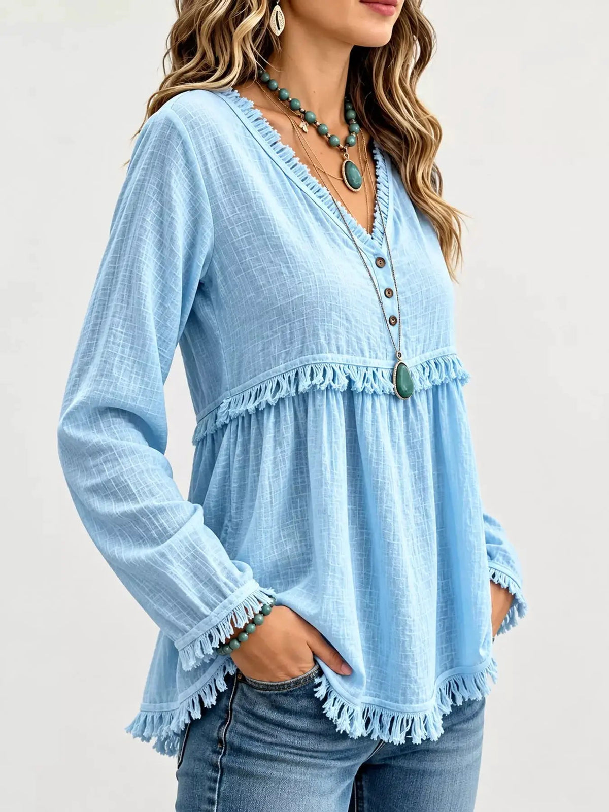 Blue Fringe Trim V-Neck Long Sleeve Babydoll Blouse - Bitsy Gypsy Boutique