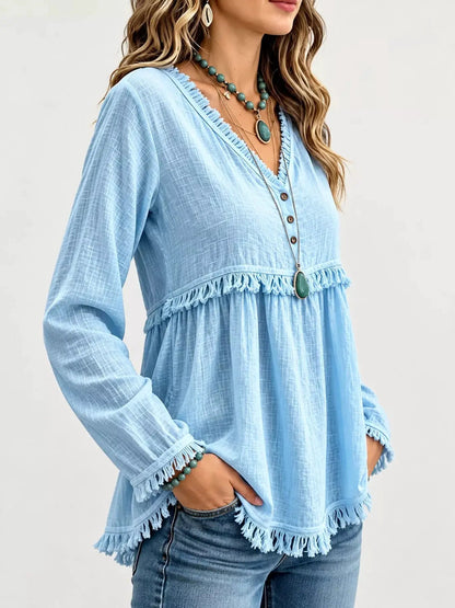 Blue Fringe Trim V-Neck Long Sleeve Babydoll Blouse - Bitsy Gypsy Boutique