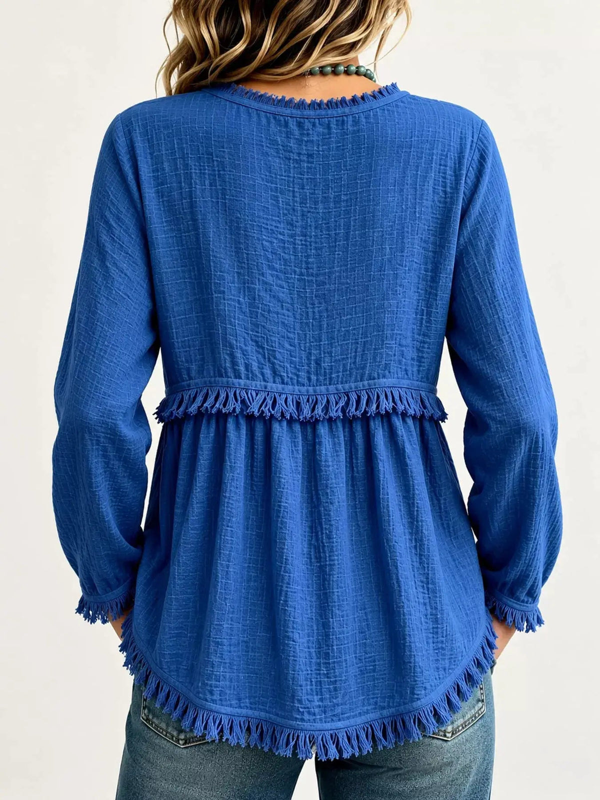 Blue Fringe Trim V-Neck Long Sleeve Babydoll Blouse - Bitsy Gypsy Boutique