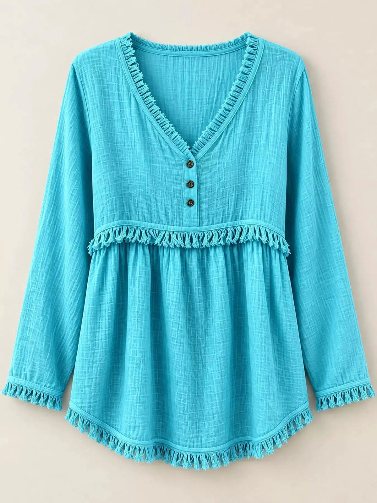 Blue Fringe Trim V-Neck Long Sleeve Babydoll Blouse - Bitsy Gypsy Boutique
