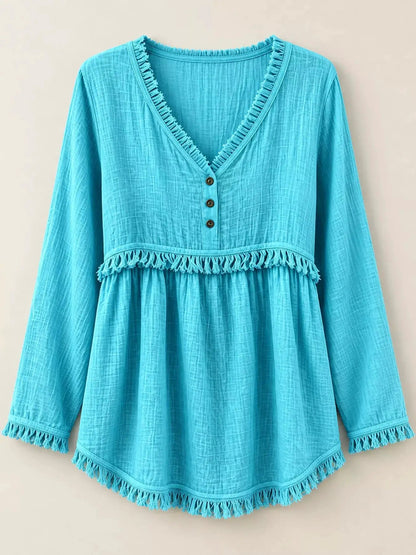 Blue Fringe Trim V-Neck Long Sleeve Babydoll Blouse - Bitsy Gypsy Boutique